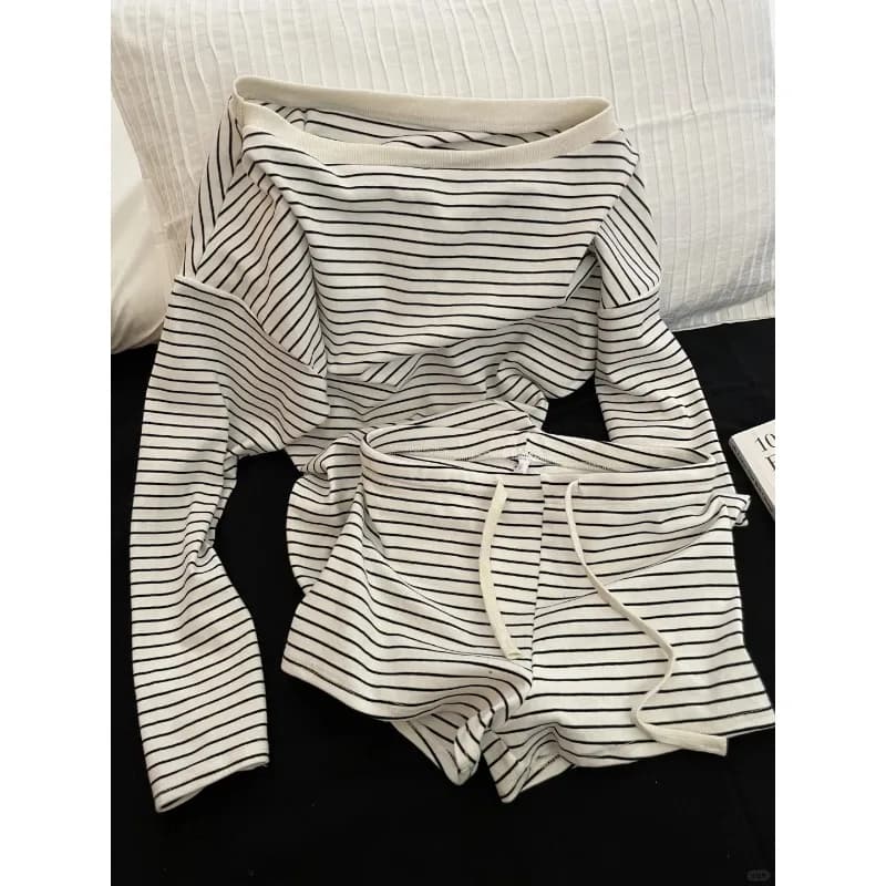 2026 New Spice Girl One-word Neck Slant Shoulder Long Sleeve Waist Black and White Striped Top Straight Shorts Two-piece Set