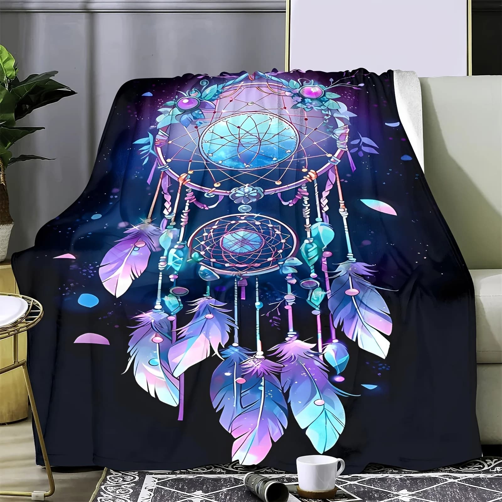 [Dreamcatcher Blanket] Soft Contemporary Dreamcatcher Print Flannel Blanket | 1pc Tear-Proof Polyester Throw for All Seasons, Ma