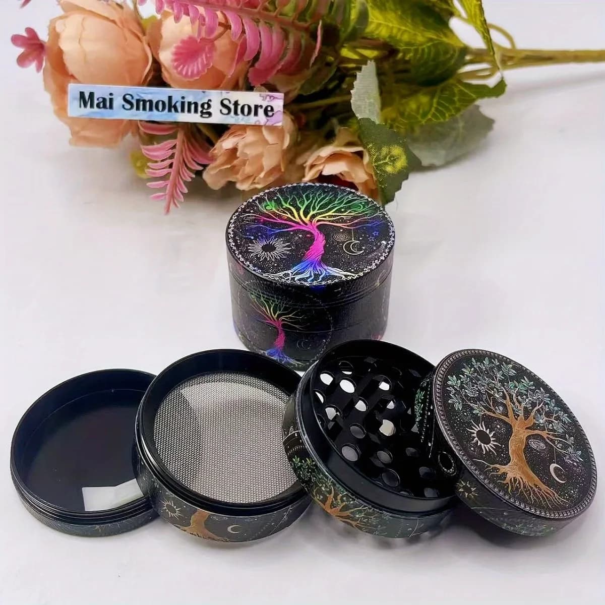 Smerigliatrice per erbe Boho Tree da 2/2,2 pollici 4 strati Manuale Spezie Mulino per sale Malta per pepe Erba grezza Smerigliatrice per tabacco Strumento per sigarette da fumo