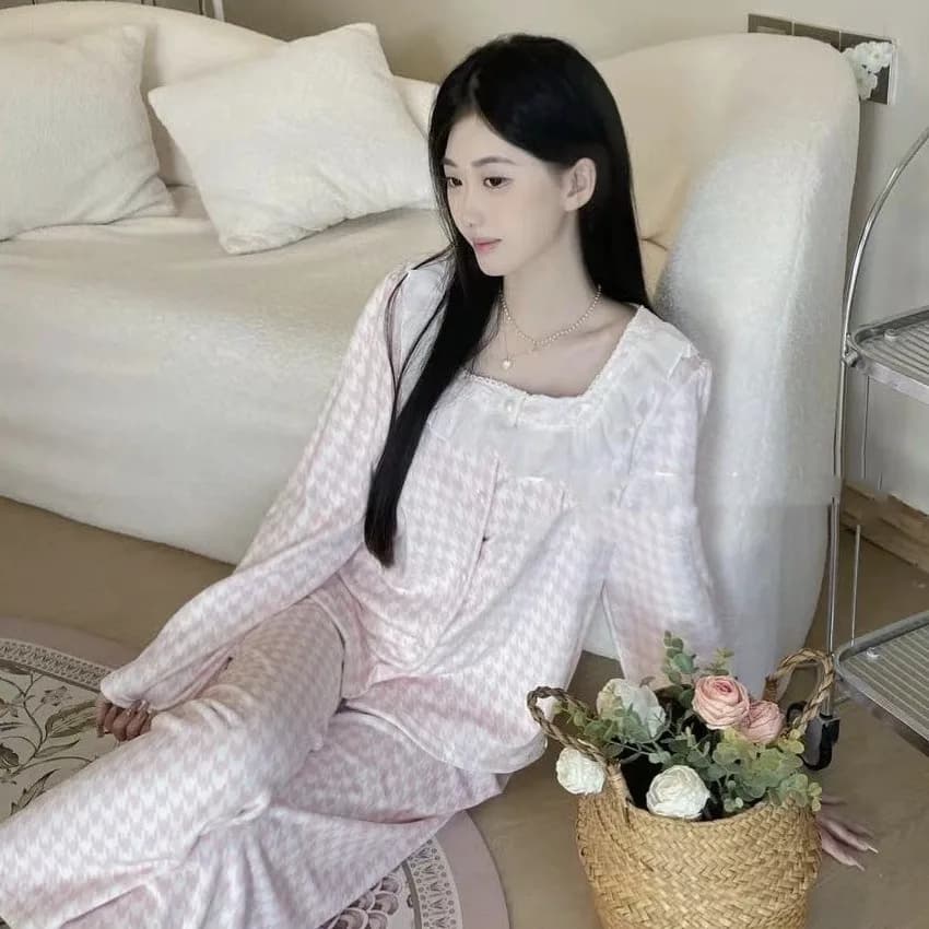 Autumn Winter Pure Desire Style New Thousand Bird Grid Sweet Double sided Velvet Super Soft Island Velvet Home Clothes Sleepwear