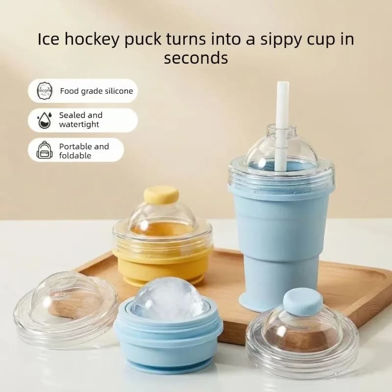 Tazza per palline di ghiaccio pieghevole in silicone alimentare — Stampo per ghiaccio e tazza con cannuccia 2-in-1 — Tazza da viaggio portatile per esterni