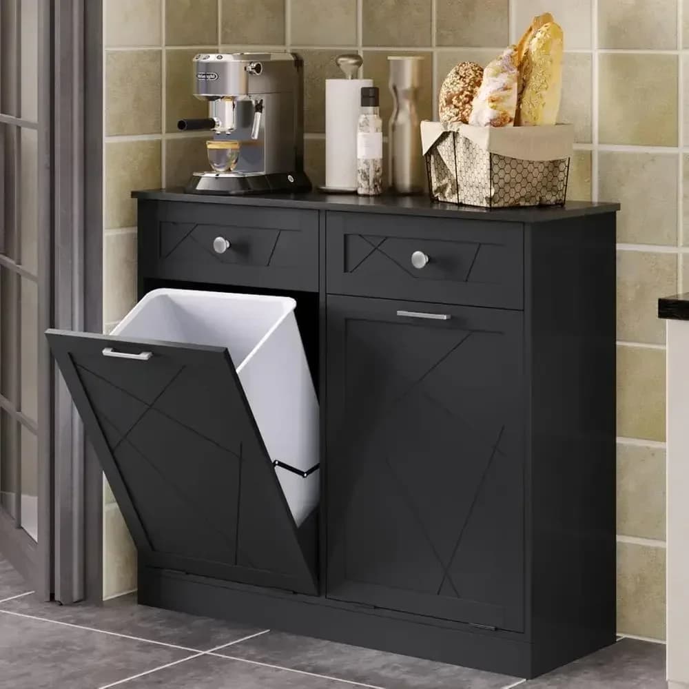 Double Door Trash Bin Holder - Dual Waste Storage Cabinet for Kitchen or Living Room in White and Black