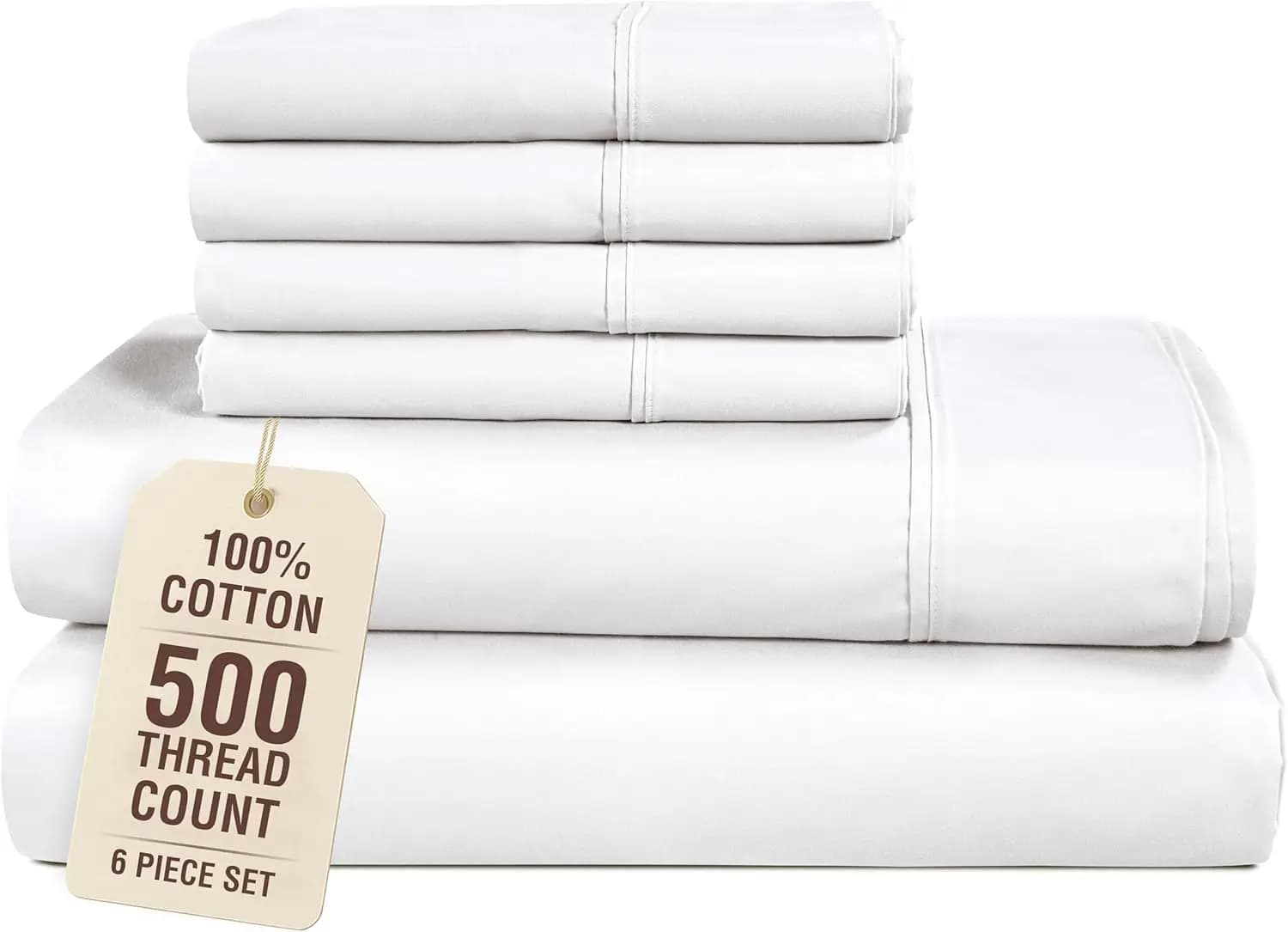Set di lenzuola King Size 6 pezzi 100% cotone, 500 fili, satinato, tasche profonde 15 pollici, bianco puro
