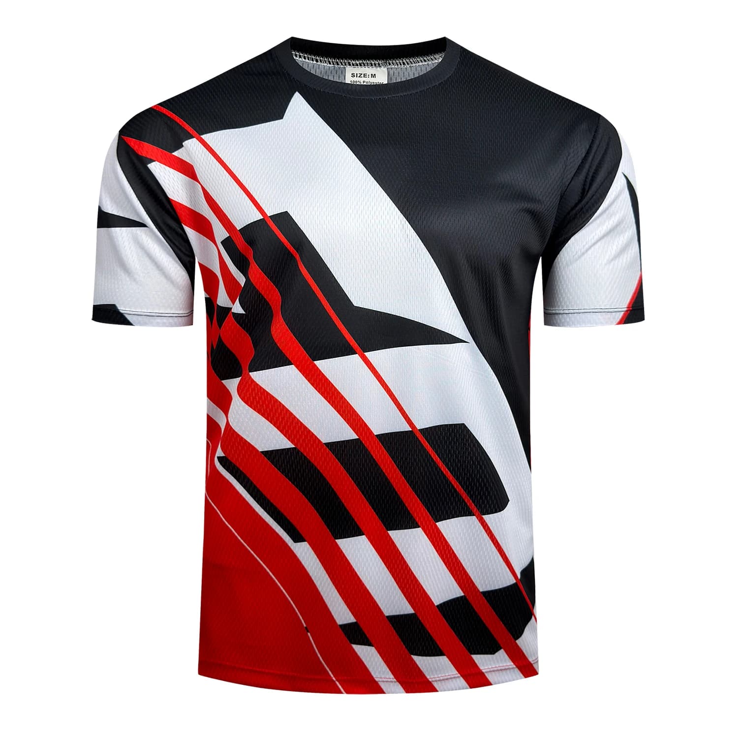 Men’s Red Black Mountain Bike Jersey Shirt, Lightweight Breathable Quick Dry MTB Racing Top with Modern Geometric Speed Stripe