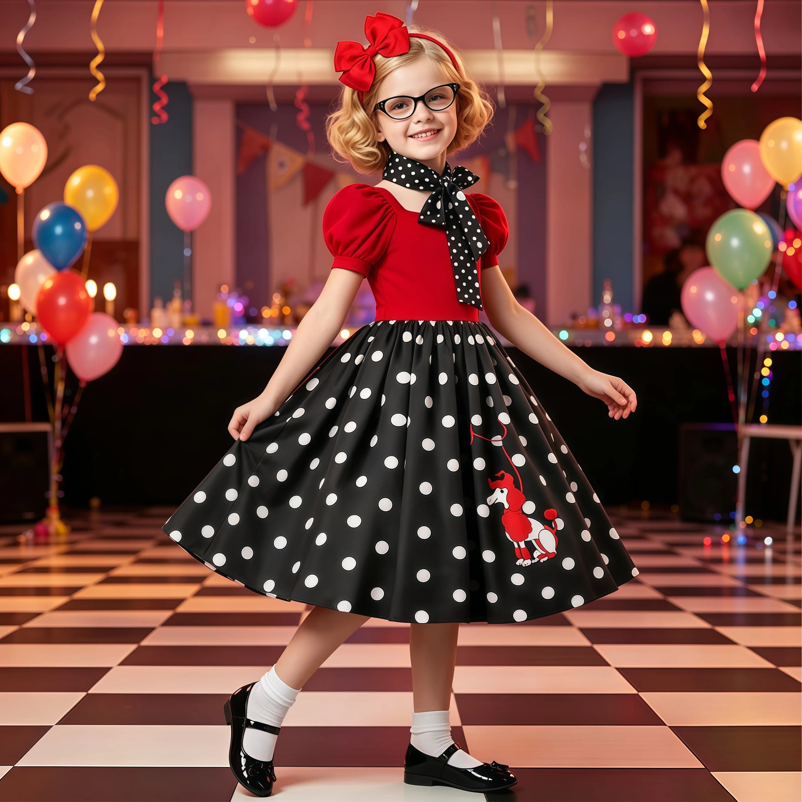 Costume anni '50 per ragazze, gonna Poodle anni '50 con montatura per occhiali, sciarpa, fascia per capelli, per bambini, travestimento di Halloween, festa di compleanno