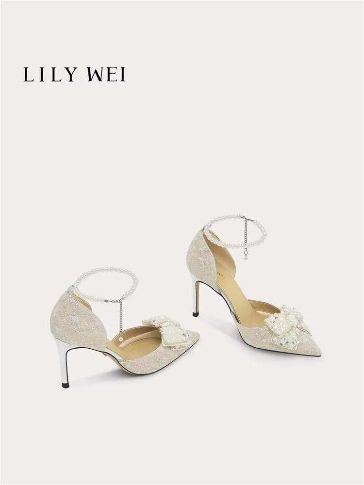 Spring and summer pointed pearl rhinestone sequin mesh bow sandals, banquet large size small size widened high heels women shoes