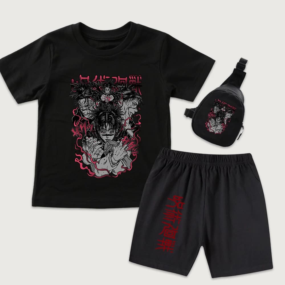 Jujutsu Kaisen Choso Anime Print Kids Cotton T Shirt and Shorts Set with Mini Chest Bag 3 Piece Outfit for Boys Girls