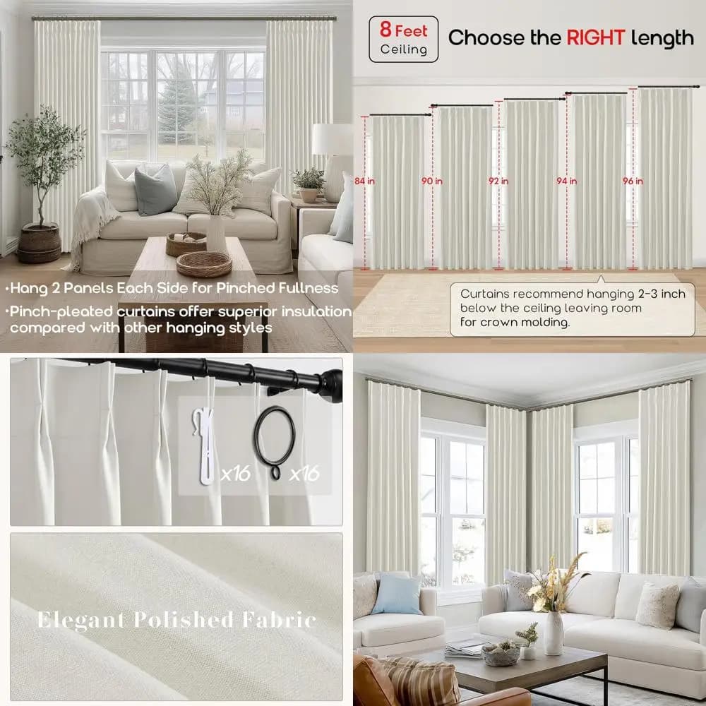 Cream 94 Insulated thermal curtains with linen folds from floor to ceiling with hooks, set of 2 panels for living room and bedroom