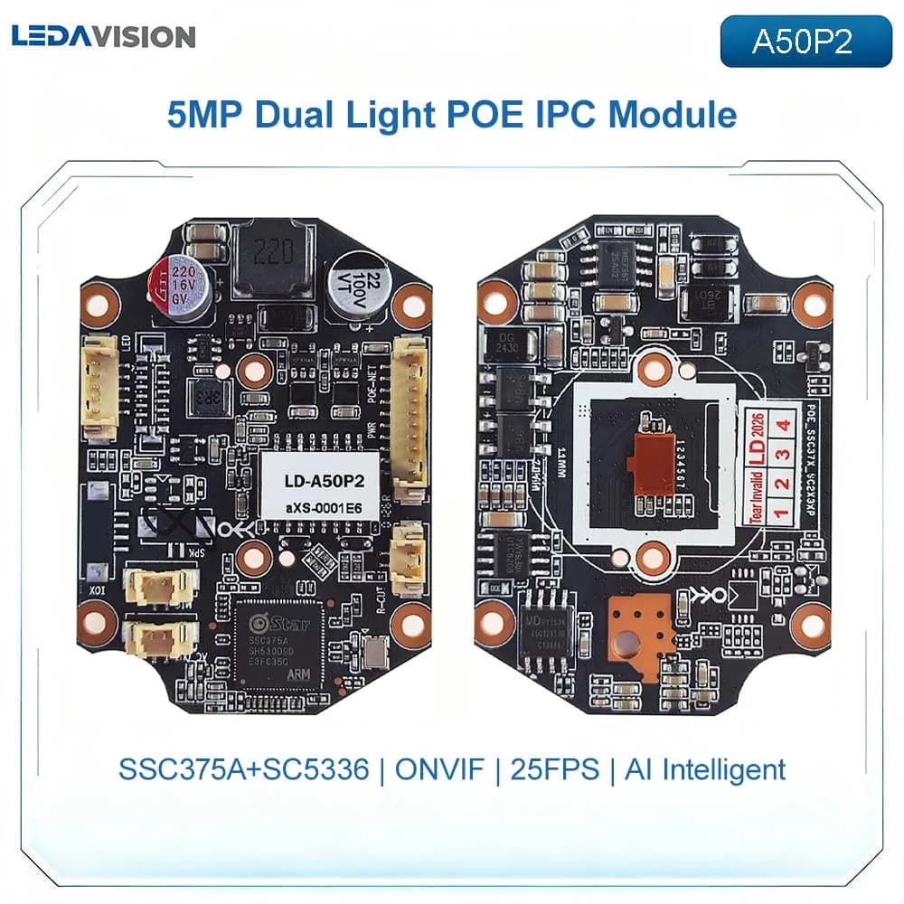 Modulo Telecamera IP POE 5MP, Rilevamento AI Umani/Veicoli, Webcam H.265+ Audio, ONVIF Dual Light Mini CCTV Core