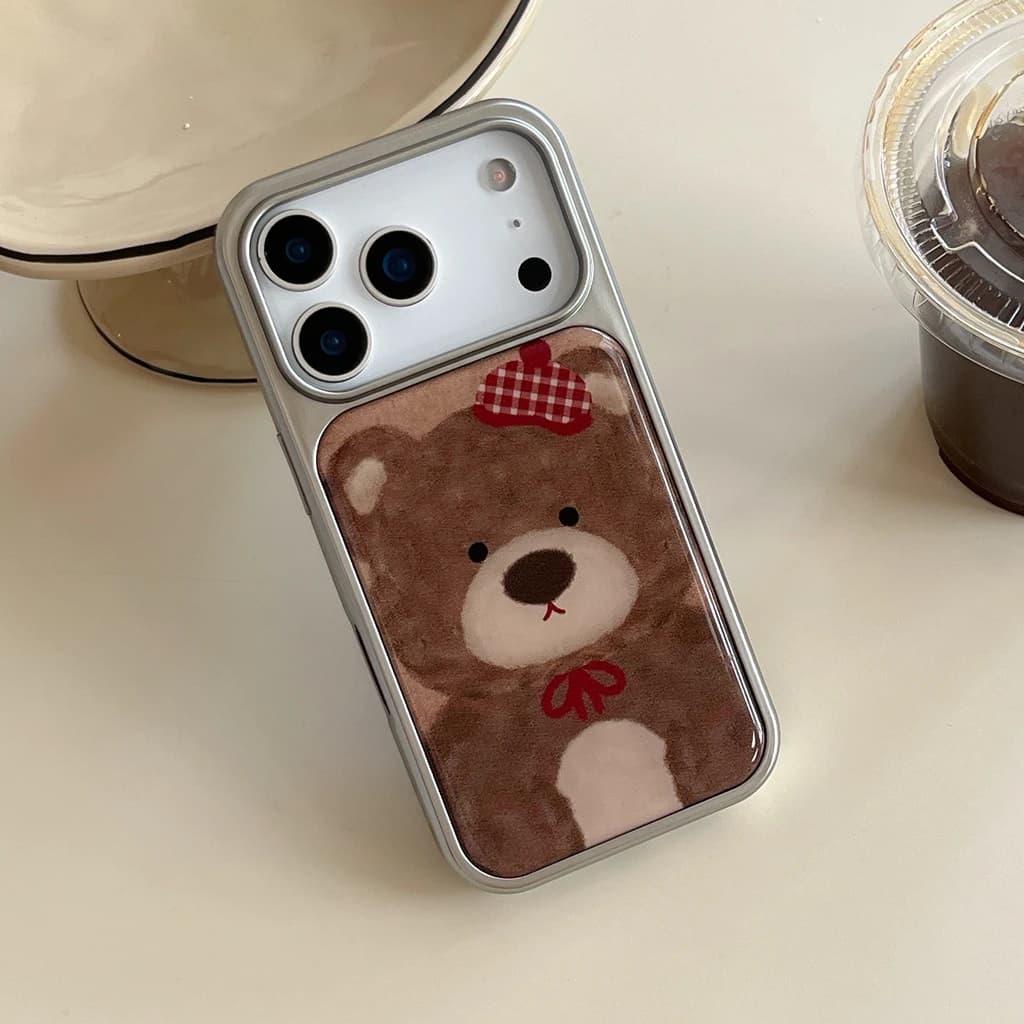 Cartone animato simpatico orso bruno cappello rosso bowknot goccia colla bordo argento custodia per Samsung Galaxy S23 S24 S25 S26 PLUS ULTRA FE EDGE Y2K