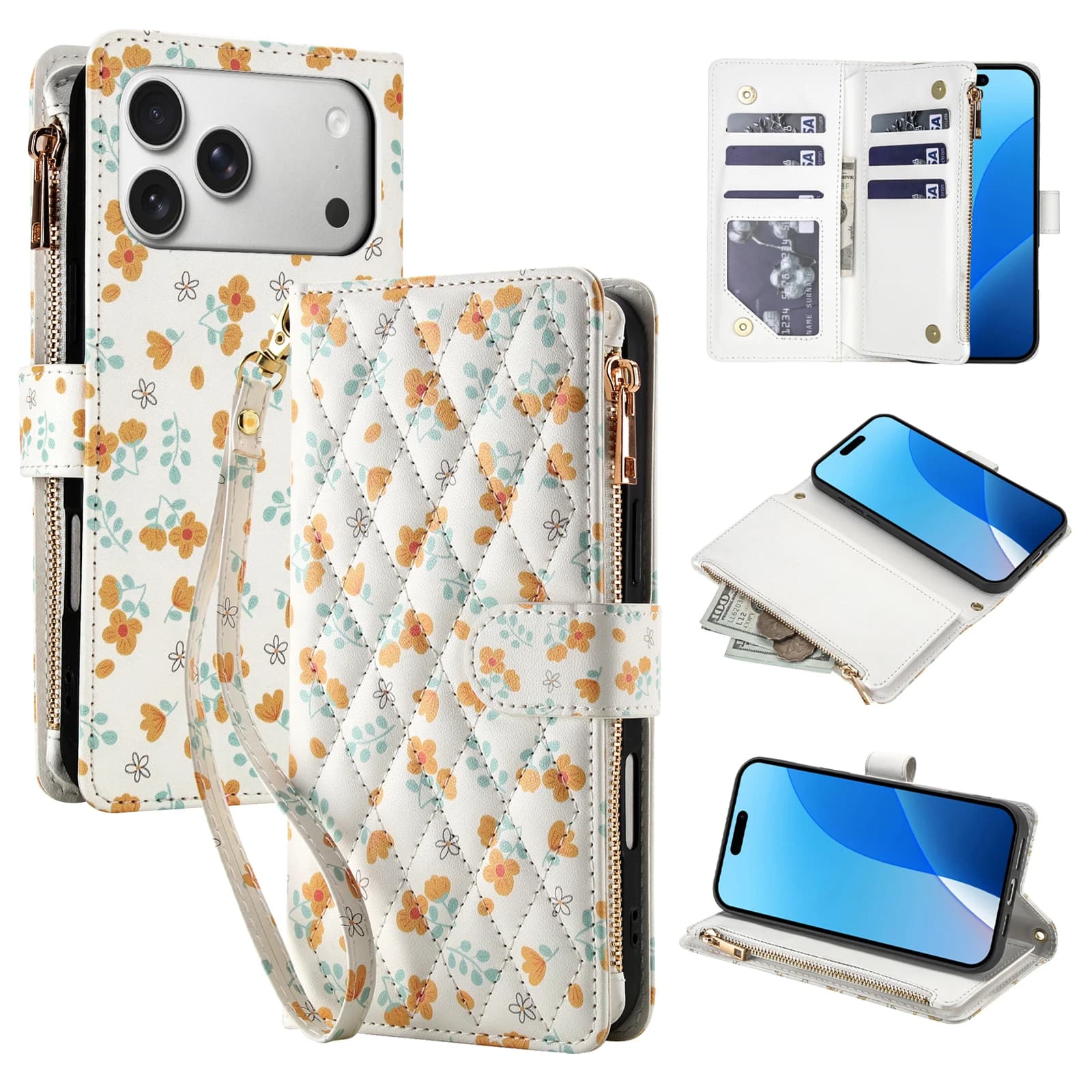 Custodia a tracolla in pelle goffrata alla moda con cerniera e scomparti per carte per iPhone 17 Pro Max 16 Plus 15 14 13 12 11, cover a portafoglio antiurto
