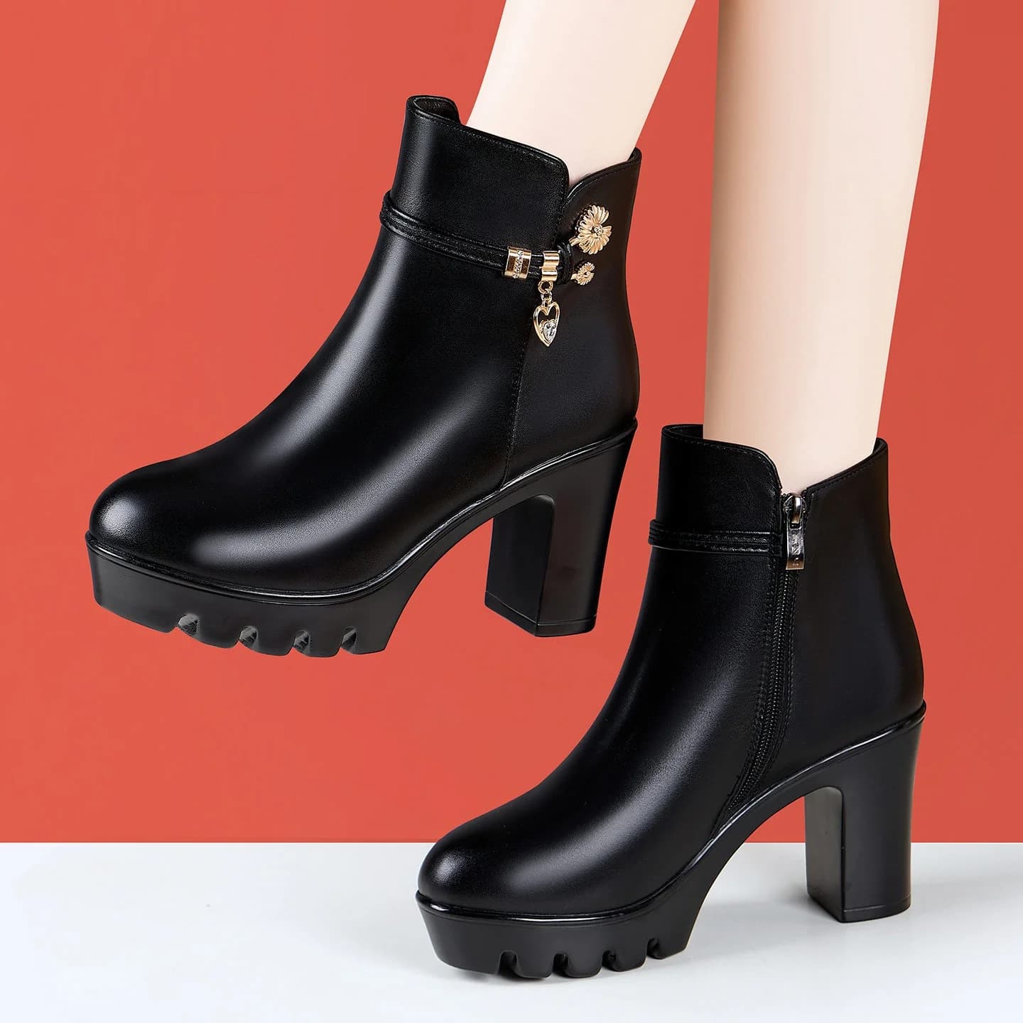 9cm Thick Genuine Leather Boots Women's Winter Warm Plush Shoes Platform 2025 Winter Block High Heels Ankle Boots Model Work Mom