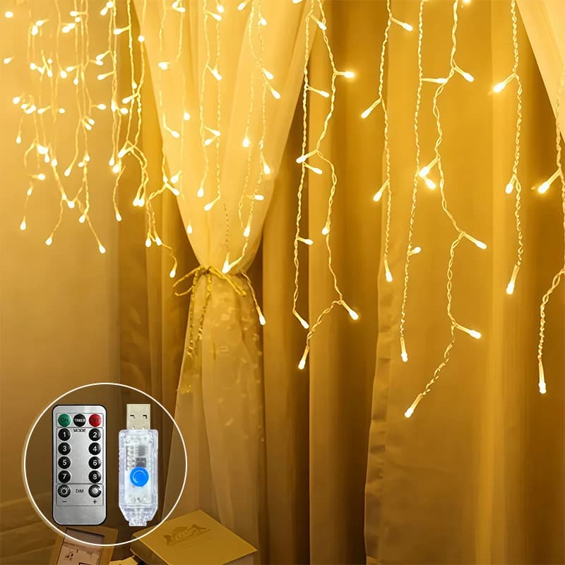 Luci a tenda LED USB a forma di ghiaccio con 8 modalità multicolore controllate da pulsante, luci a stringa per interni per decorazioni natalizie di finestre e pareti