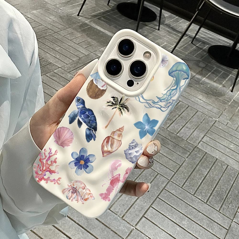 Custodia per telefono di lusso con collage di conchiglie marine per iPhone 17 16 15 14 13 12 11 Pro Max 14 Plus 17 Air, cover morbida in silicone con effetto onda e rughe