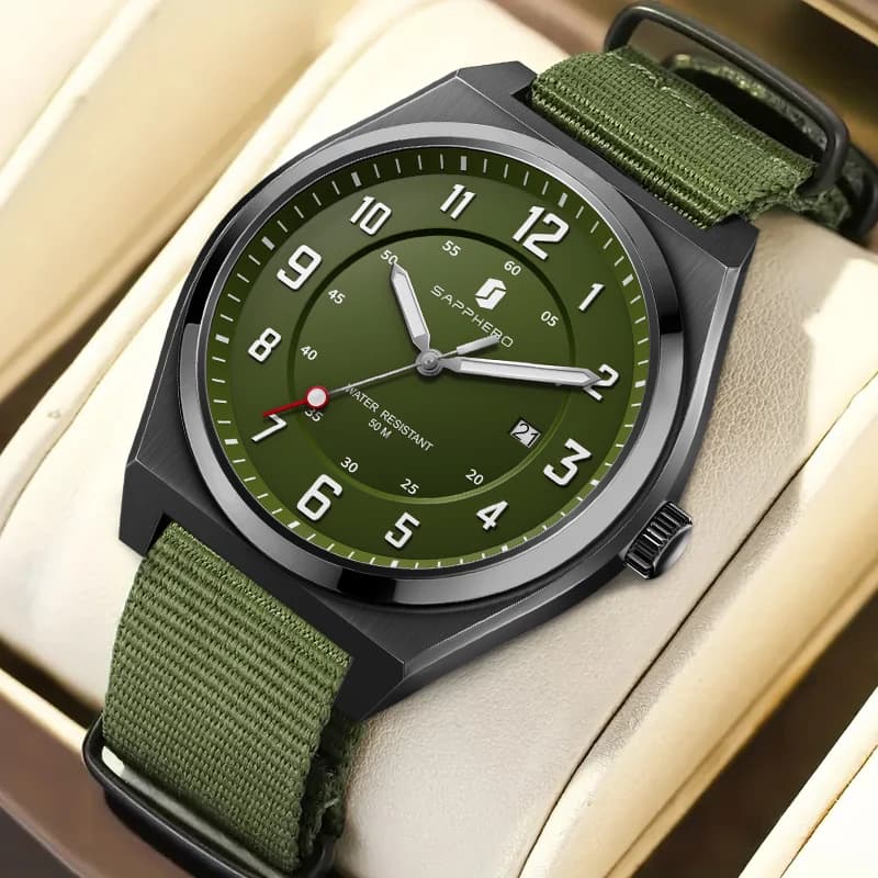 SAPPHERO Orologio sportivo al quarzo da uomo Stile militare Quadrante verde Visualizzazione della data Cinturino intrecciato 5ATM Regalo da uomo impermeabile