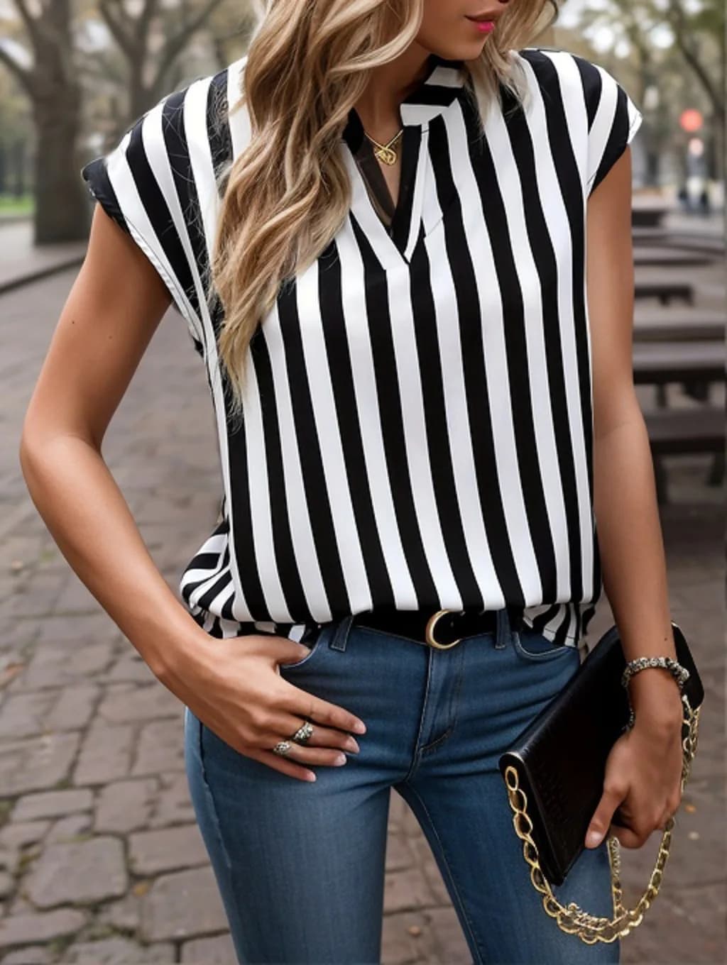 Casual Striped Top Notched Black and White Sleeveless Women's Blouses