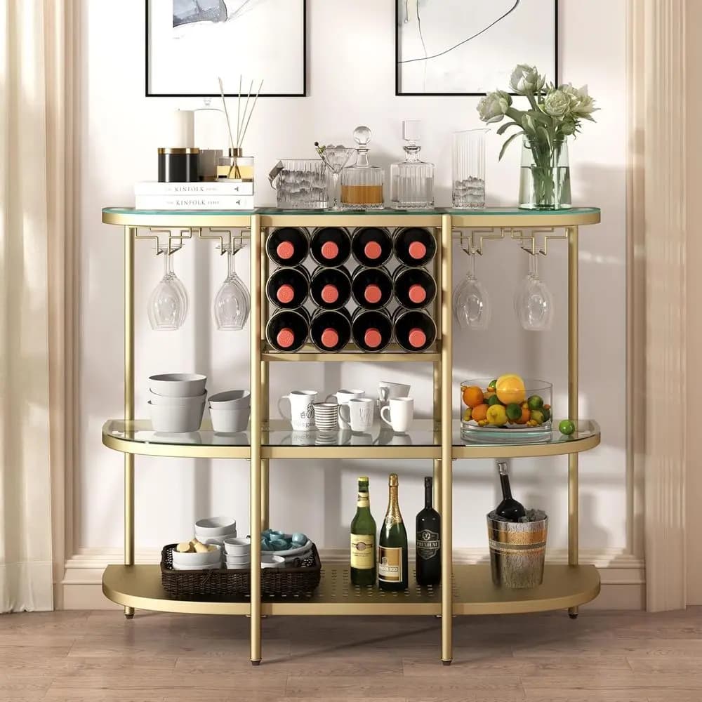 Tavolo da Casa con Portabottiglie, Tavolo Portabottiglie a 3 Livelli con Portabicchieri, Mobile Portabottiglie con Ripiani Aperti, Tavolo Porta Liquori