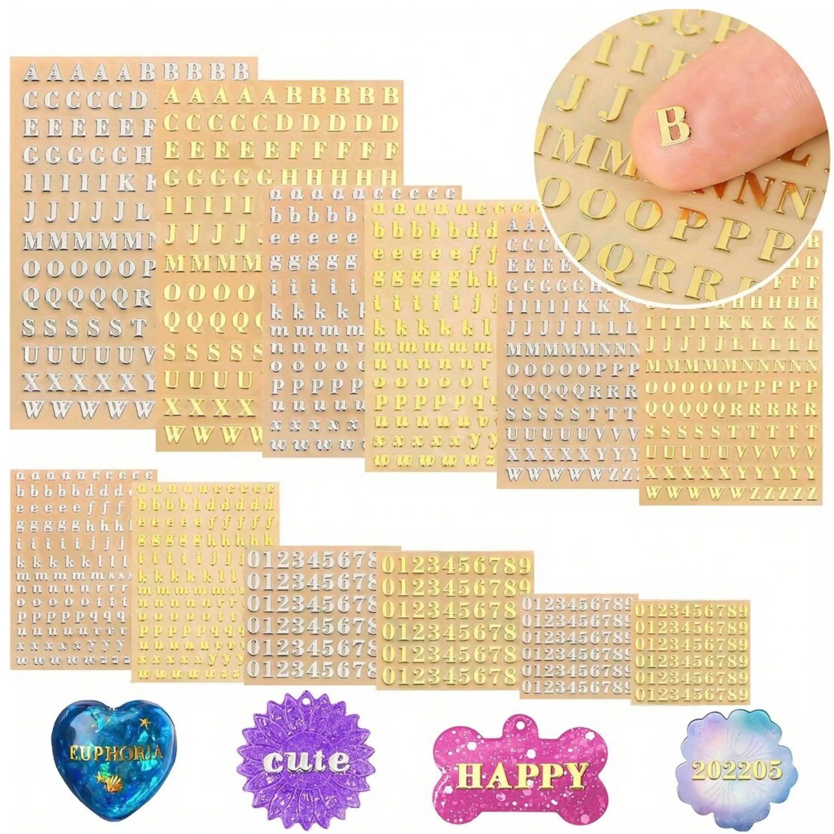 Adesivi in resina con 12 lettere, mini adesivi con lettere e numeri, forniture in resina, per decorazioni con resina epossidica, adesivi con lettere autoadesive in lega, glitter oro e argento 4,5 mm 3 mm