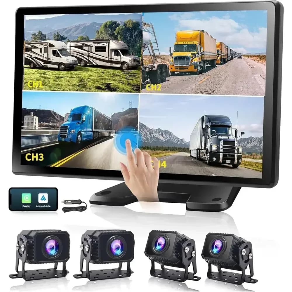 Semi Truck Camera System with 10.36”Touch Monitor, 4 Channel 1080P Backup Camera Dash Cam with Wireless Carplay Android Auto, 36