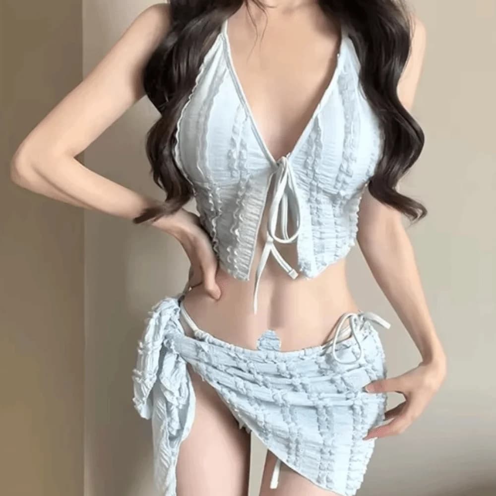 Costume da bagno da donna in tre pezzi con design snellente, senza spalline, piccolo petto, stile coreano, sensazione di fascia alta, pezzi separati