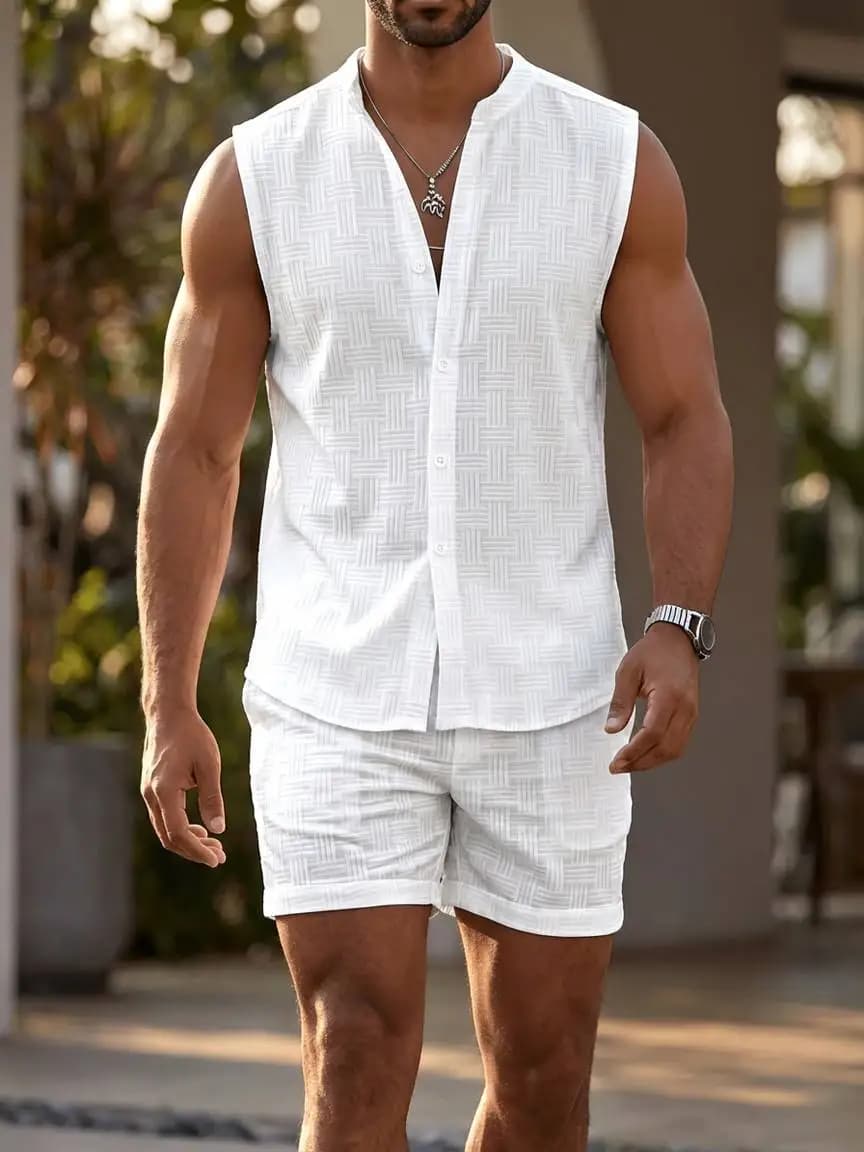 Set gilet fitness estivo da uomo, maglietta senza maniche dal taglio ampio, materiale in lino