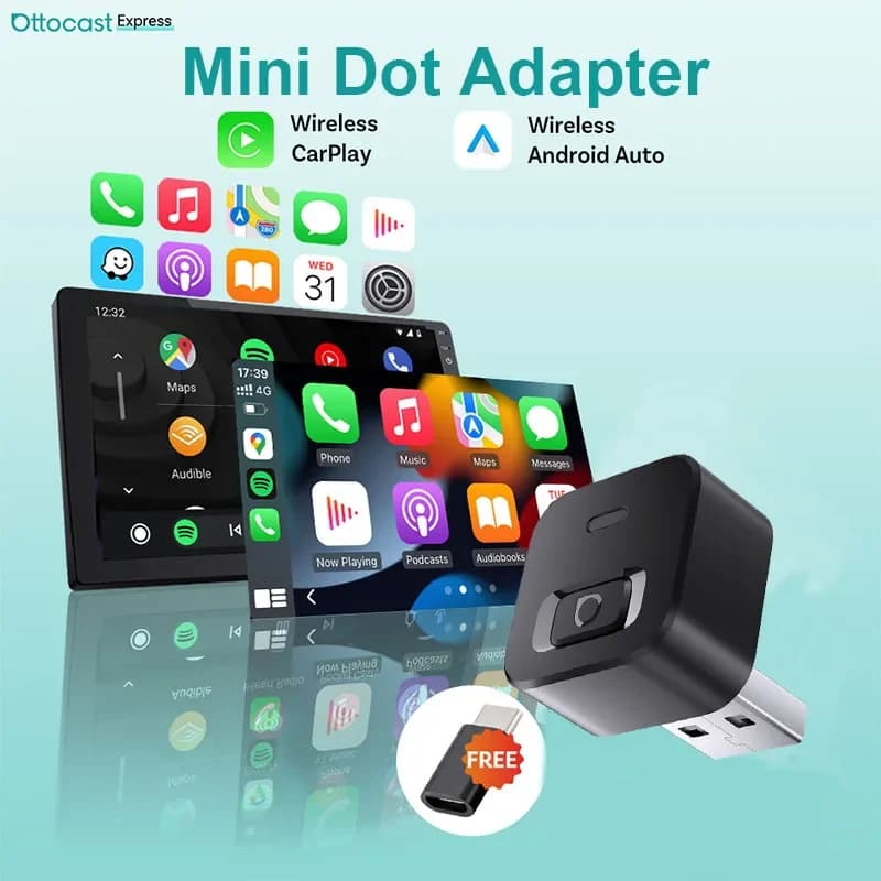 Ottocast Mini Dot 2 in 1 Adattatore wireless CarPlay e Android Auto, Dongle Plug Play WiFi Type-C/USB 5GhzPer auto con CarPlay cablato