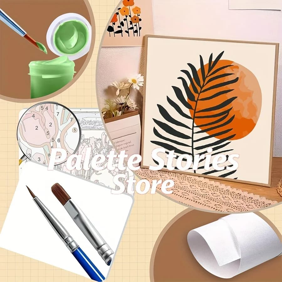 Frameless1 Set of Digital Oil Painting Kit (Tropical Plants And Orange Circular Pattern) Includes a Full Set of Tools, Acrylic P