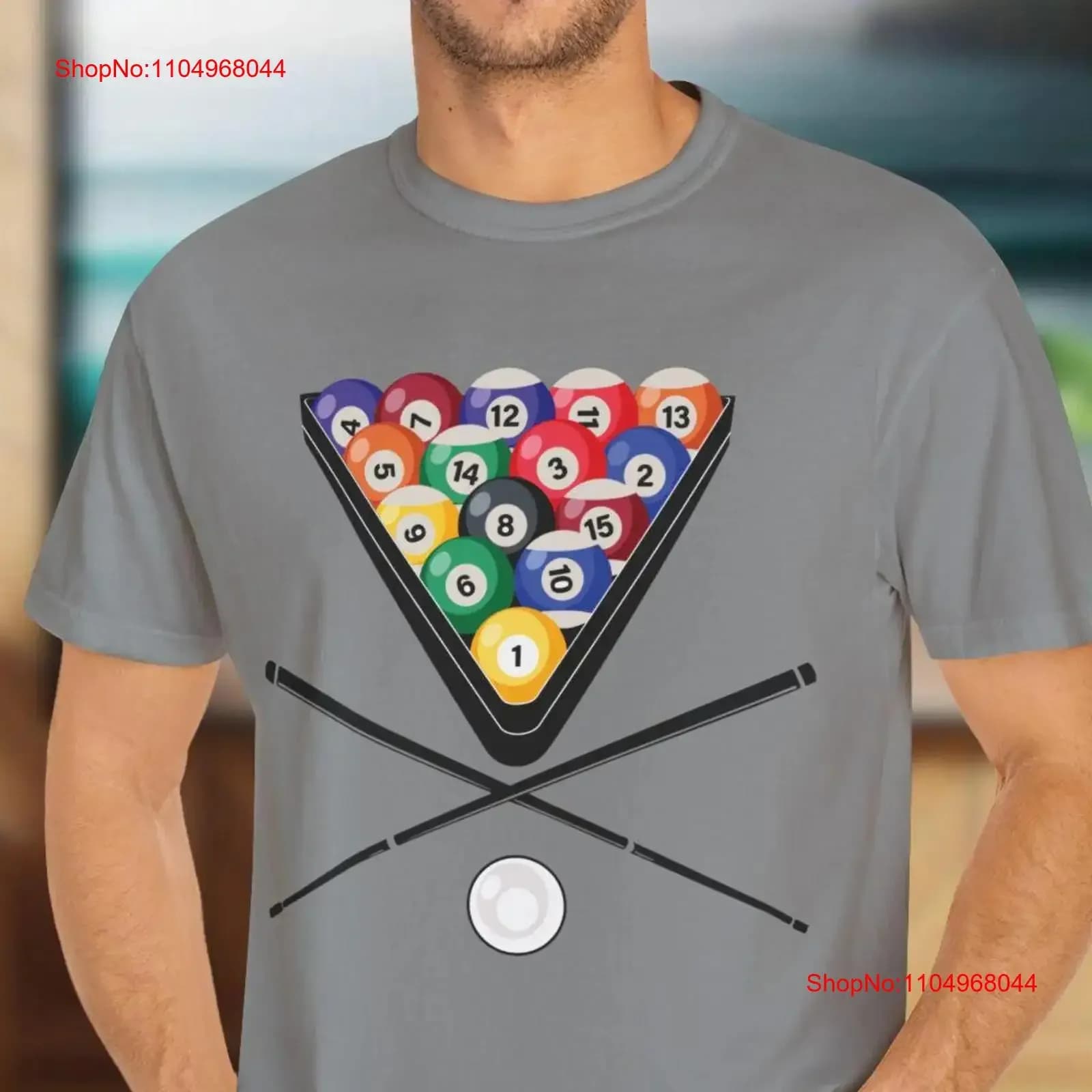 T-shirt colorata tinta per indumenti 'Pool Game' Moda alla moda Shirtn Giovane adulto Lui Il suo compleanno Palline da biliardo e stecche Design