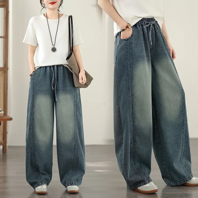 Retro Washed Distressed Wide Leg Jeans Women's Spring Autumn plus Size Loose Elastic Waist Lazy Casual Straight Leg Pants