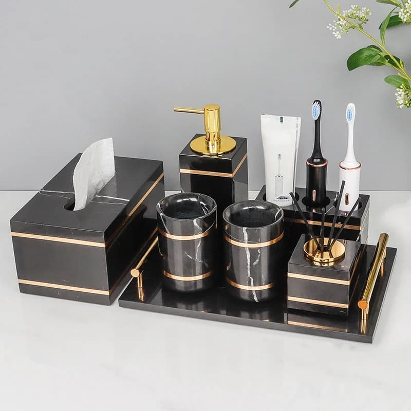 Nero Nero Marquin Marmo naturale Accessori da bagno Portasapone in oro di lusso Dispenser di sapone Portaspazzolino Vassoio Set da bagno