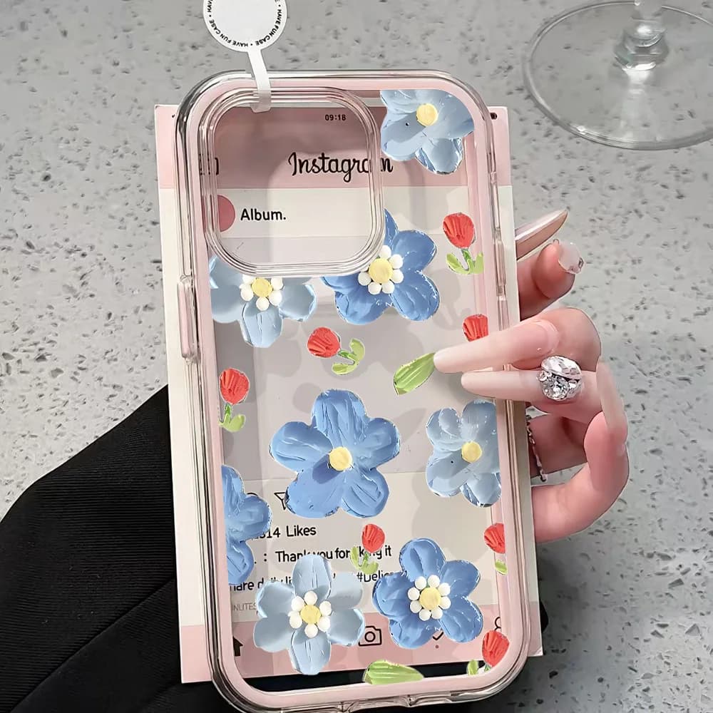 Custodia Trasparente con Fiori Artistici Blu per iPhone 17 13 16 15 11 12 14 Pro Max 17 Air XR X, Cover in Silicone Morbido Antiurto