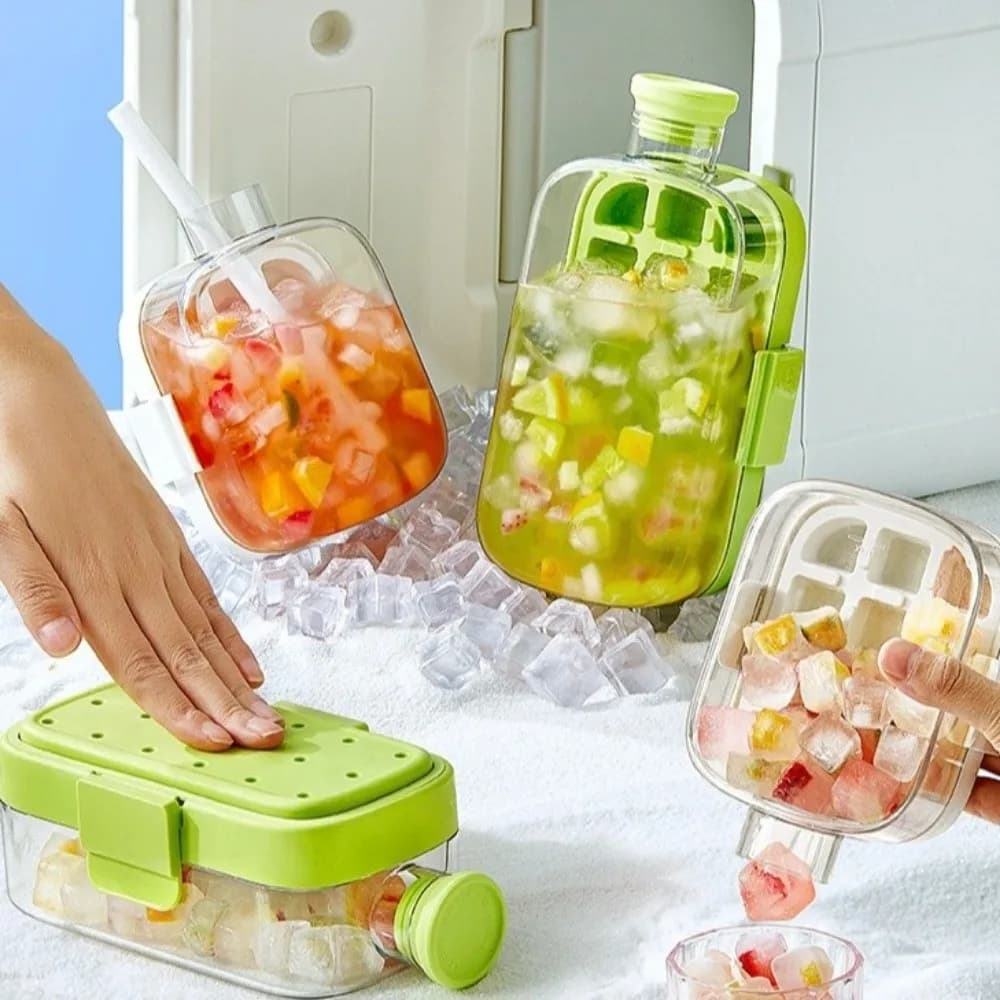 Bottiglia d'acqua refrigerante a pressione con design senza contatto, 500/800ml, stampo per cubetti di ghiaccio con cannuccia, facile da usare, per l'estate