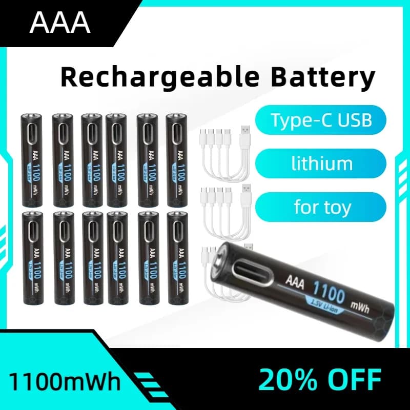 Batteria ricaricabile AAA da 1,5 V Batteria al litio USB tipo C da 1100 mWh per batteria giocattolo con telecomando con cavo di ricarica
