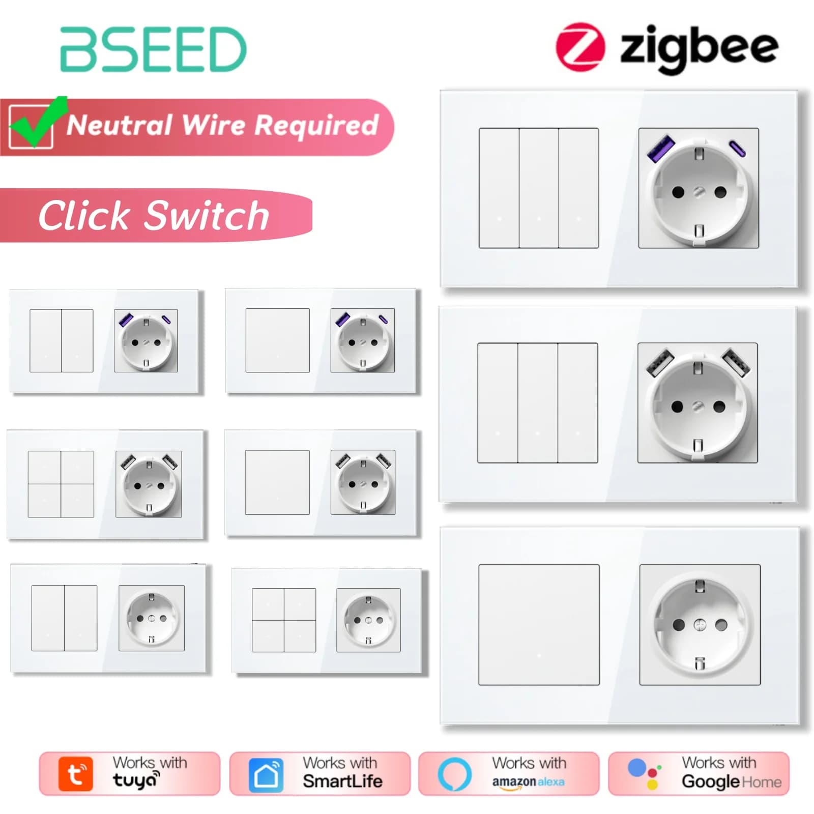 Interruttori ZigBee BSEED, Interruttori Intelligenti da Parete con Retroilluminazione Gialla, Cornice in Vetro, App Tuya, Prese a Muro EU con USB