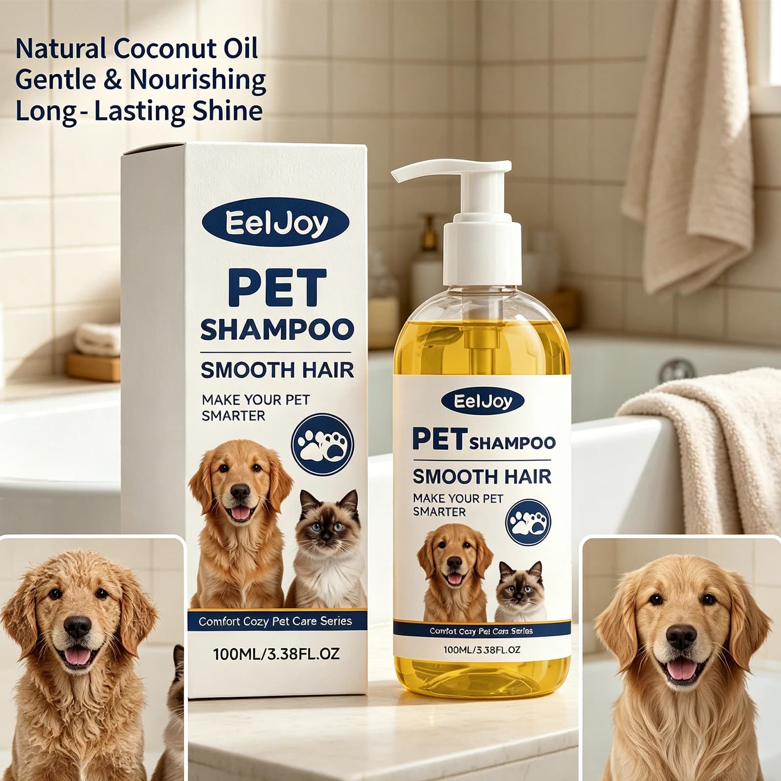 Shampoo Naturale all'Olio di Cocco per Animali Domestici, Delicato Lavaggio per la Pulizia del Pelo, Cura della Pelliccia Liscia per Cani e Gatti, Idratazione Profonda, Prodotti per la Toelettatura Quotidiana