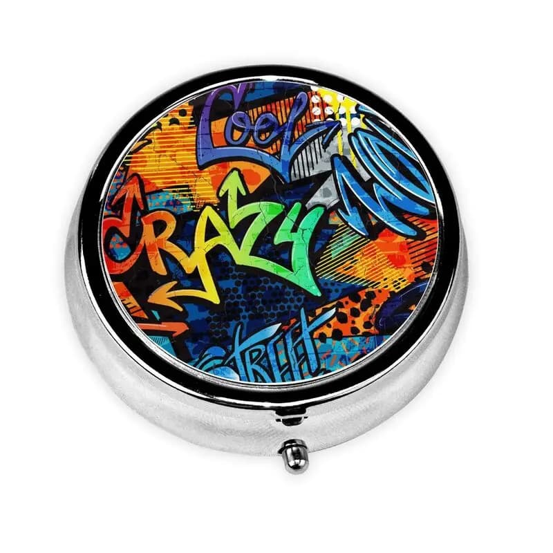 Graffiti, small container for 3 compartments per bag, pocket, portable container for pills to contain supplements and vitamins