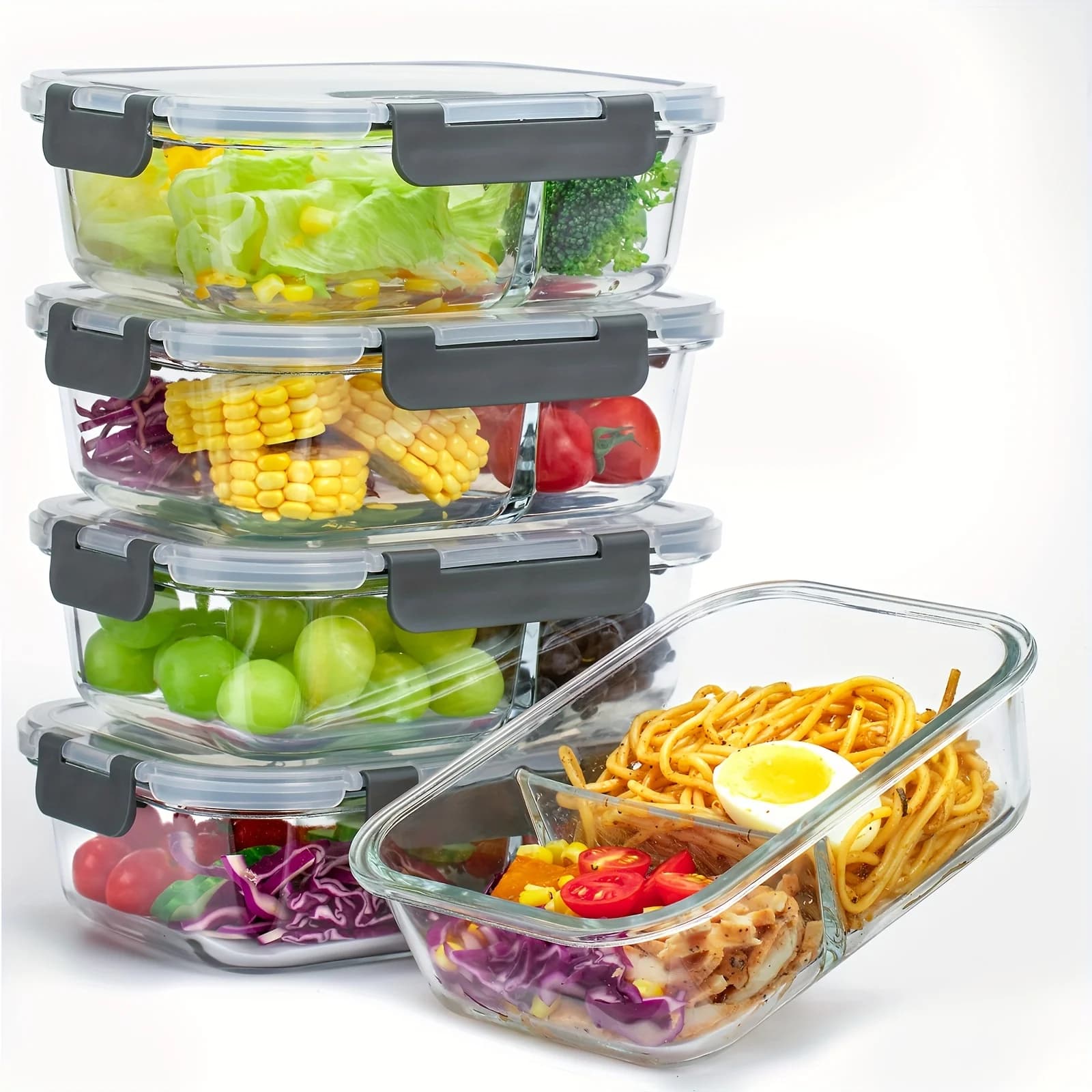 TYKOON Set di Contenitori in Vetro per Alimenti da 5/9 Pezzi con Coperchi a Chiusura Ermetica Migliorati, Contenitori in Vetro da 30/36oz, Set a 2 Scomparti, Ermetici e Adatti per Microonde, Forno e Frigorifero