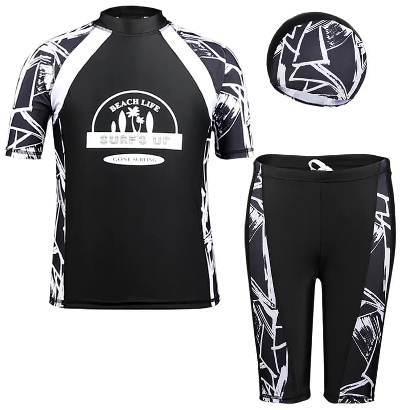 Children's swimsuit 3 pieces: Rashguard, quick-drying soft shorts and hat - Sporty short sleeve dress