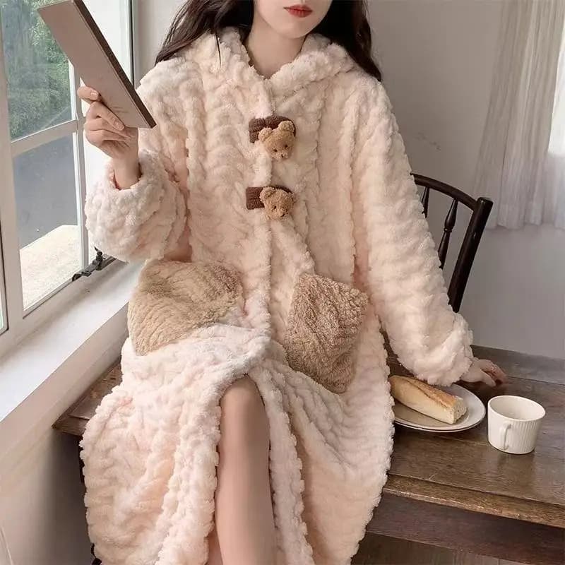 Little Bear Korean Women's Edition 2025 Autumn and Winter New Coral Velvet Thickened With Hooded Bathrobe Long Sleeping Dress