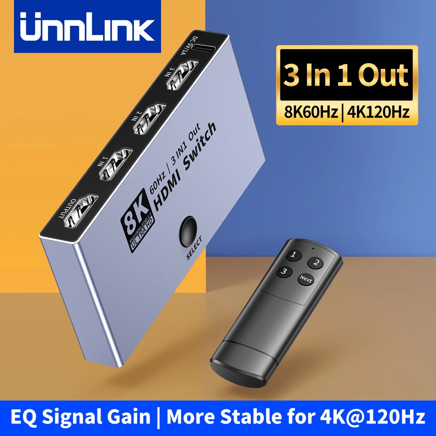 Switch HDMI Unnlink a 3 porte 8K@60Hz, 4K@120Hz, 3 ingressi 1 uscita con telecomando per PS5/4, Xbox, Switch, TV Box e Monitor