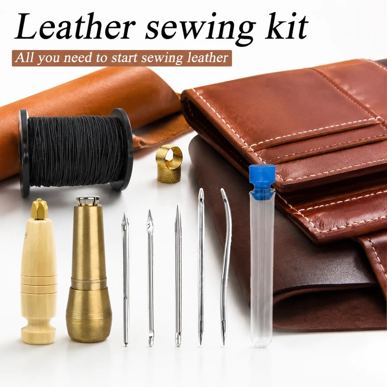 Leather Sewing Awl Kit Metal Wood Handle Shoes Repair Tool DIY Punch Stitching Needles Canvas Candle Mold Hole Puncher Set