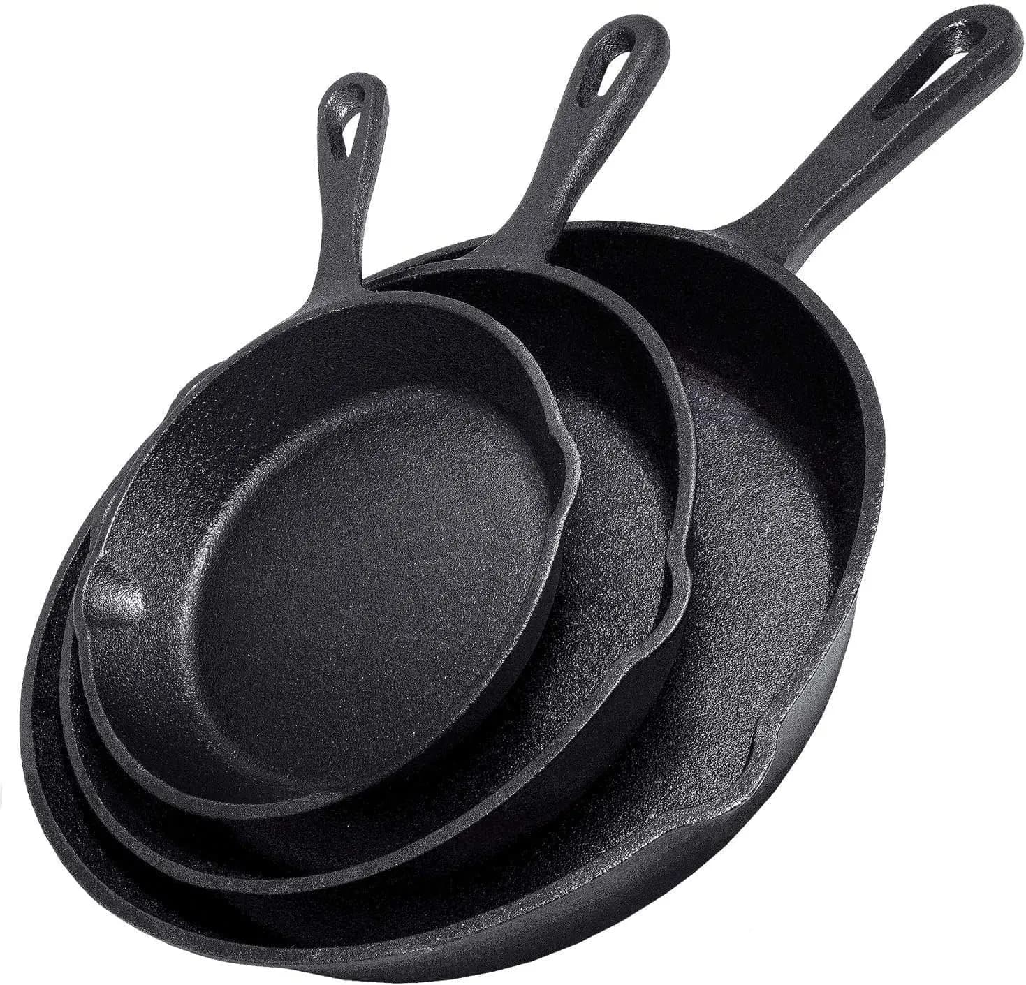 Set of 3 piece cast iron pans, pre-conditions, 10", 8", 6" pans for frying, jumping and cooking