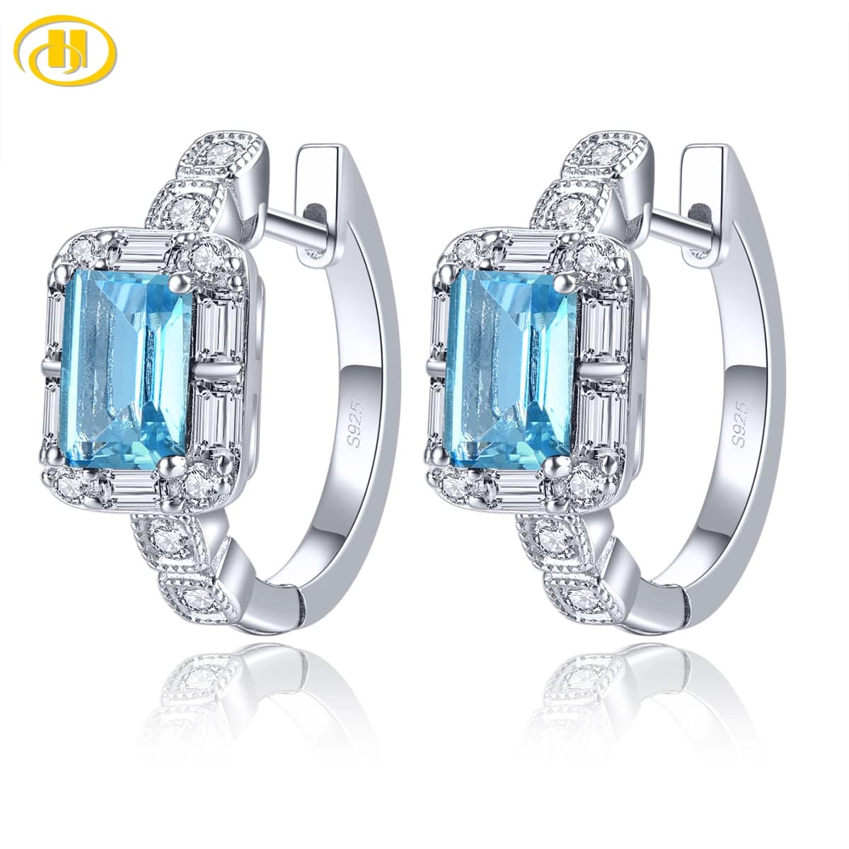 Orecchini a Cerchio in Argento Sterling Placcato Rodio con Topazio Blu Naturale, 2,46 Carati, Gemma di Topazio Autentica, Gioielli Classici da Donna