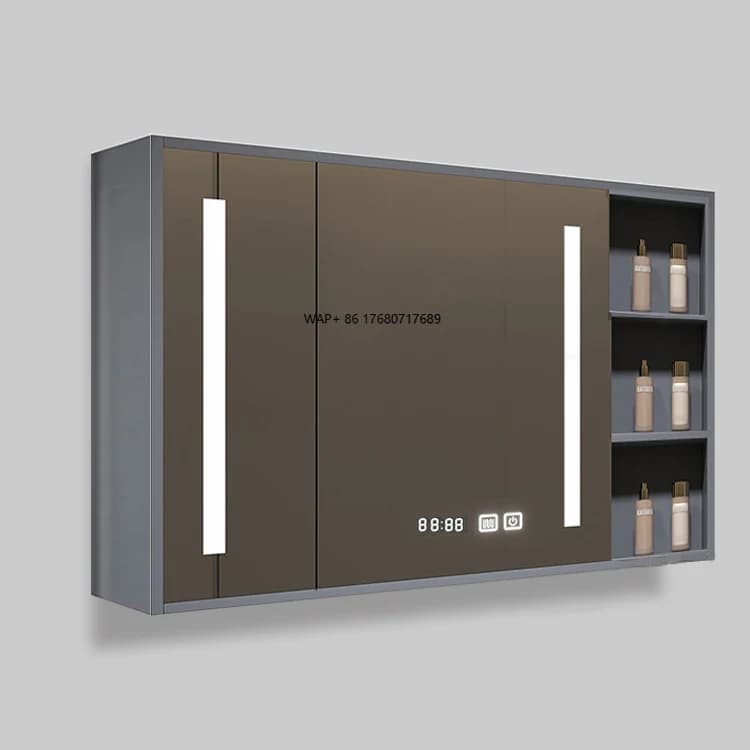 Armadietto da bagno a LED con specchio Smart Touch Display digitale Scaffali laterali antiappannamento montati a parete, ideali per bagni moderni