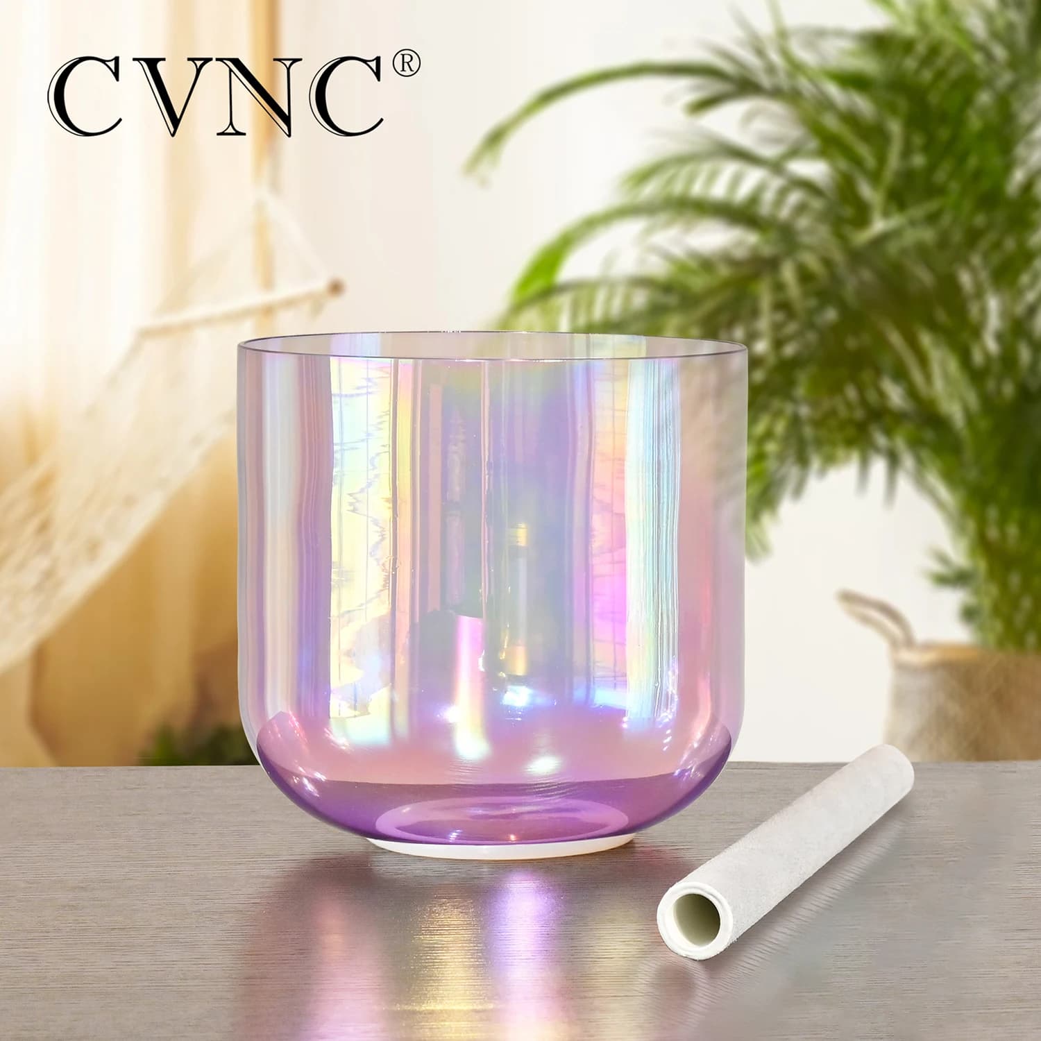 CVNC 7 Inch Alchemy Purple with Cosmic Light Clear Quartz Crystal Singing Bowl for Sound Healing with Mallet