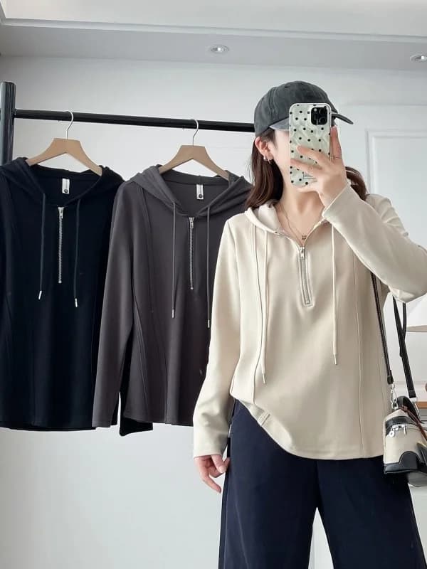 Felpa con cappuccio a maniche lunghe da donna, taglie forti, con cerniera, casual, traspirante, in fibra di poliestere, che nasconde la pancia