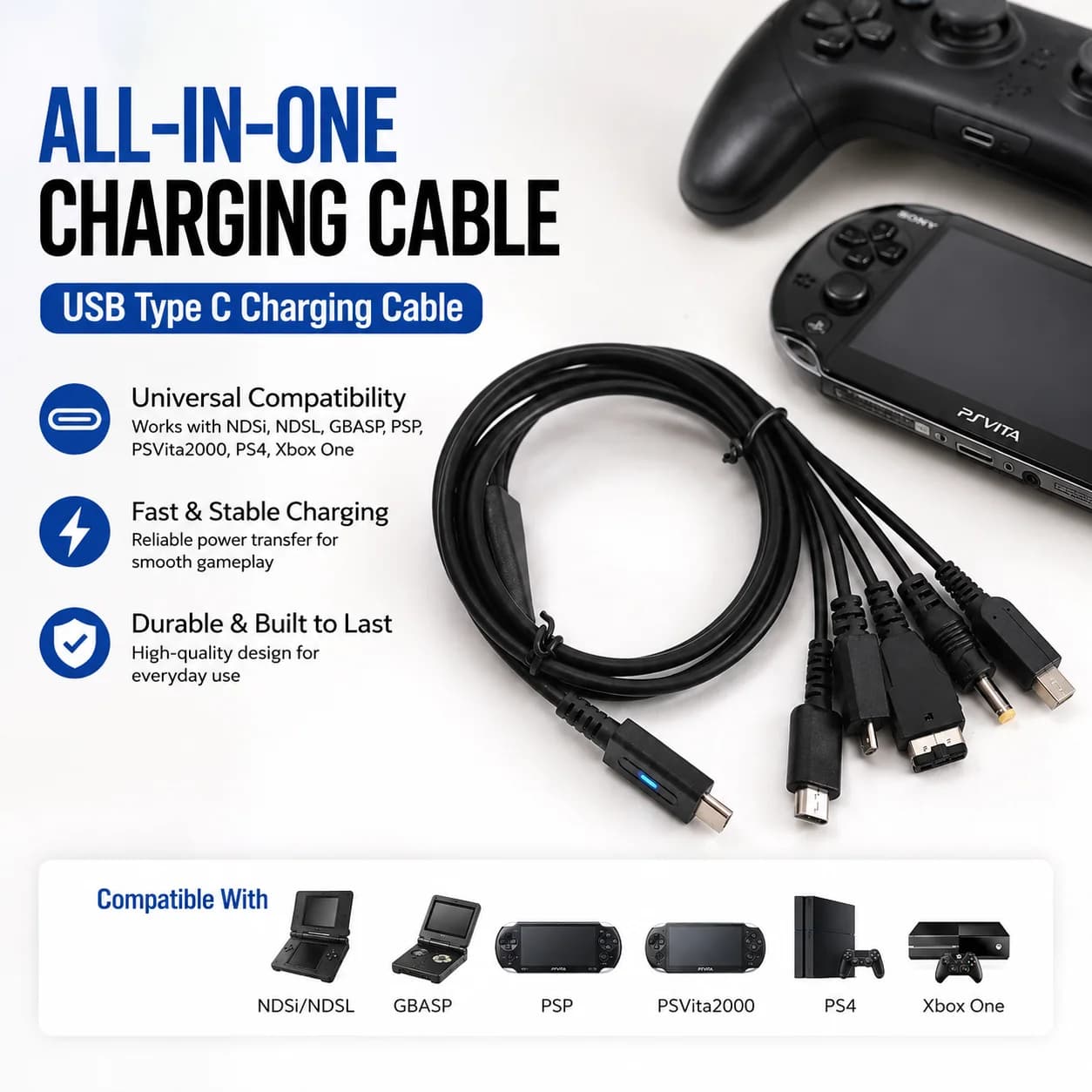 USB Type C Charging Cable for NDSi NDSL GBASP PSP PSVita2000 PS4 Xbox One Black