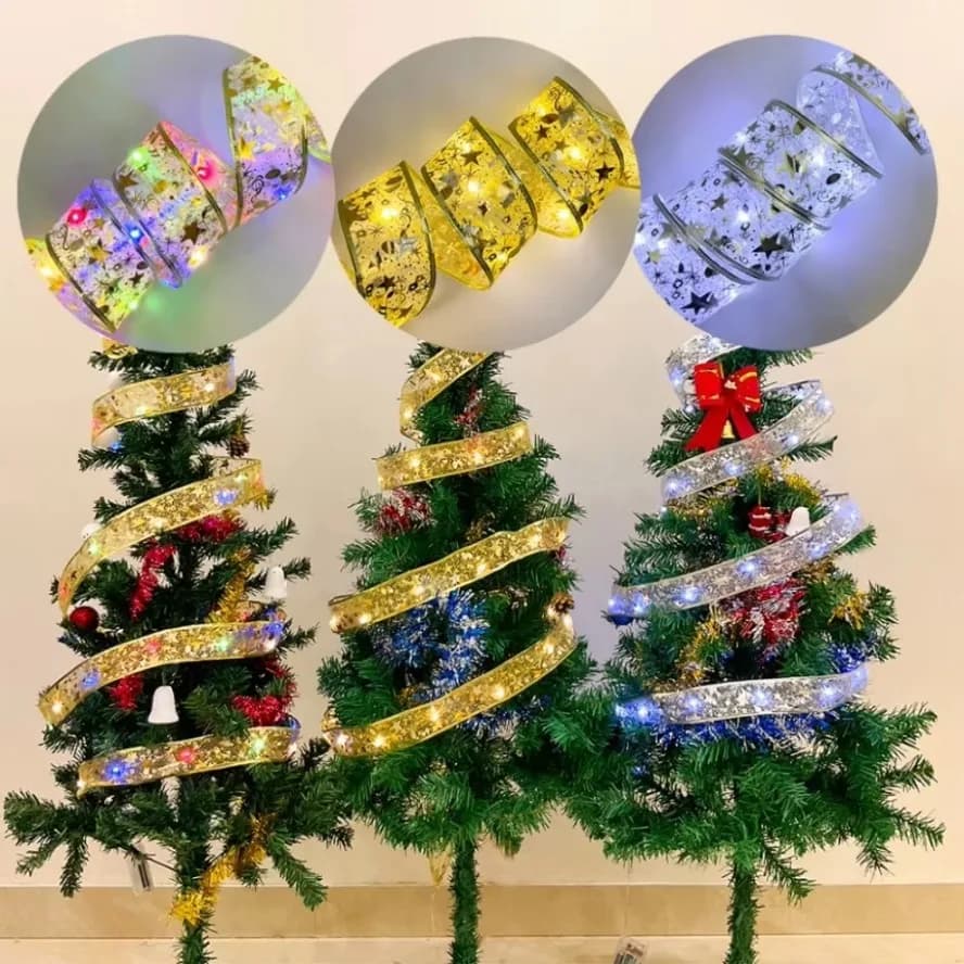 10m 5m LED Oro Argento Nastro Decorazione Luci Albero di Natale Decorazione Ornamenti Archi di pizzo Luci della stringa Decorazioni per la casa Capodanno