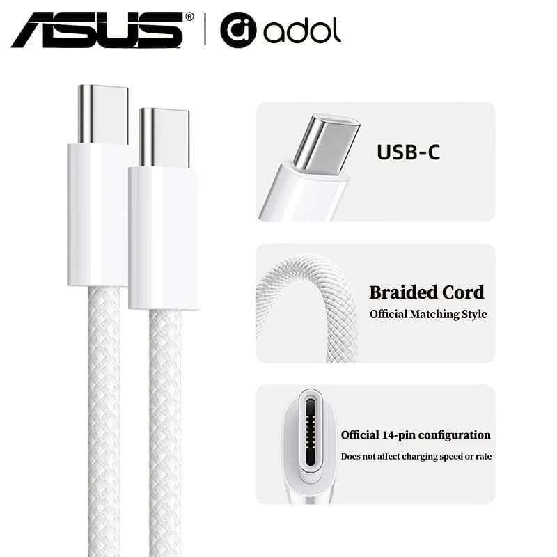 Cavo USB-C ASUS per iPhone 17 16 15 Pro Max, ricarica rapida PD per Huawei Xiaomi Samsung, cavo intrecciato Type-C, accessori