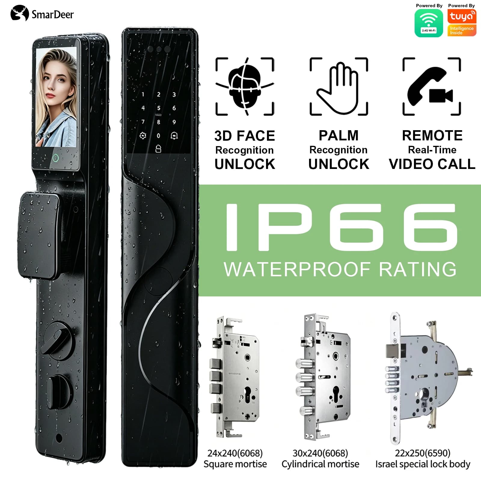 Serratura Intelligente Impermeabile IP66 SmarDeer, Riconoscimento Facciale 3D e del Palmo, Serratura con Impronta Digitale, Allarme Video, Standard Israeliano